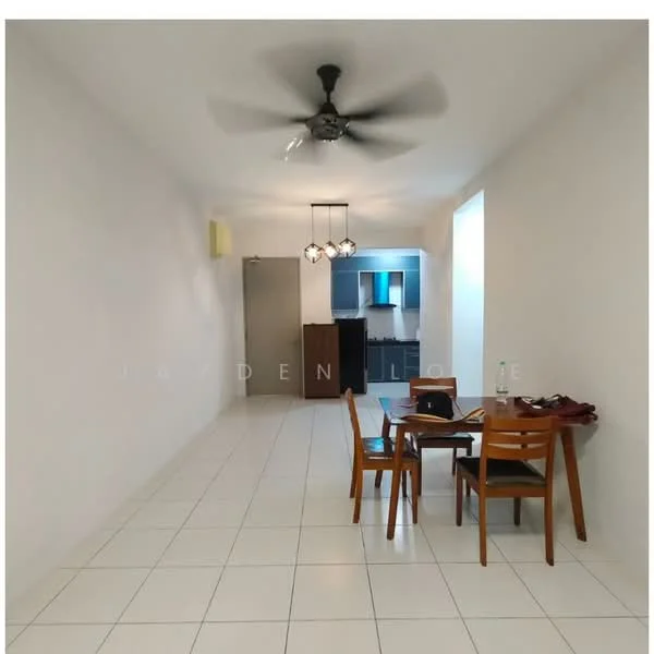 Dining features: white painted walls, white tiled flooring, 5-blade ceiling fan with light, dining table with four wooden chairs, pendant light fixture, open layout to kitchen, kitchen visible in background; style: modern.