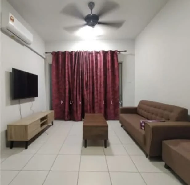 Living features: 3-seater brown leather sofa, 2-seater fabric sofa in beige, wooden coffee table, TV console, wall-mounted TV, ceiling fan, split air conditioning unit, red curtains, white painted walls, tile flooring; style: modern.