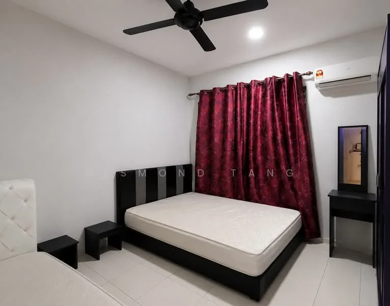 Bedroom features: white painted walls, light-colored tiled flooring, 5-blade ceiling fan, red curtains, black bed frame, mattress without bedding, black bedside tables, wall-mounted air conditioning unit, mirror on wall, minimalist decor; style: modern.