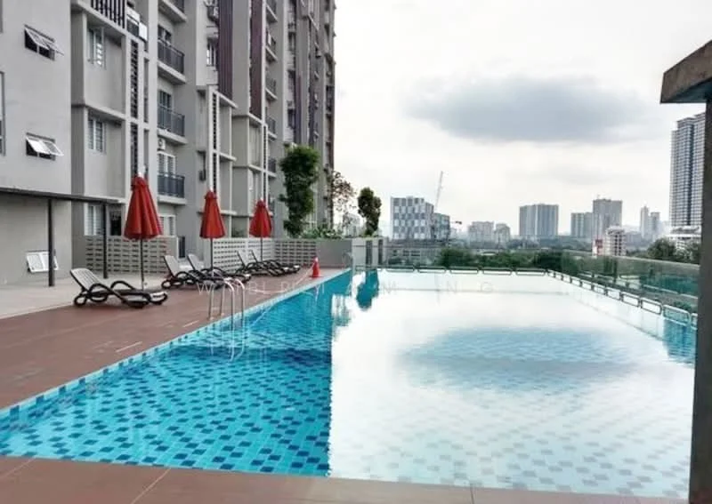 Exterior type: high-rise condominium; features: infinity pool, pool deck with loungers, red umbrellas, tiled pool surface with blue mosaic pattern, surrounding landscaping, city skyline view in background; style: modern.
