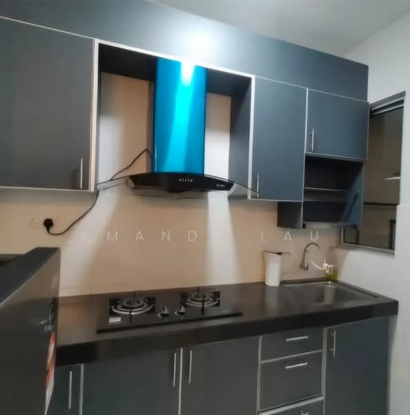 Kitchen features: grey cabinetry, black countertop, stainless-steel gas hob with two burners, stainless-steel range hood, single-bowl stainless-steel sink, white wall tiles, window with view to the outside, built-in storage shelves; style: modern.
