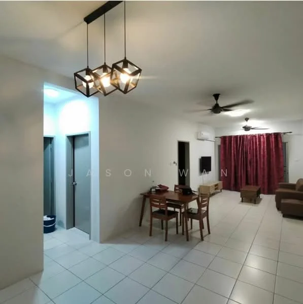 Living features: white painted walls, tile flooring, 5-blade ceiling fan, recessed downlights, sofa in brown fabric, coffee table, TV console, wall-mounted TV, dining table for 4, wooden dining chairs, curtains in red fabric, decorative light fixture; style: modern. Room features: door leading to bathroom, door leading to unknown room.