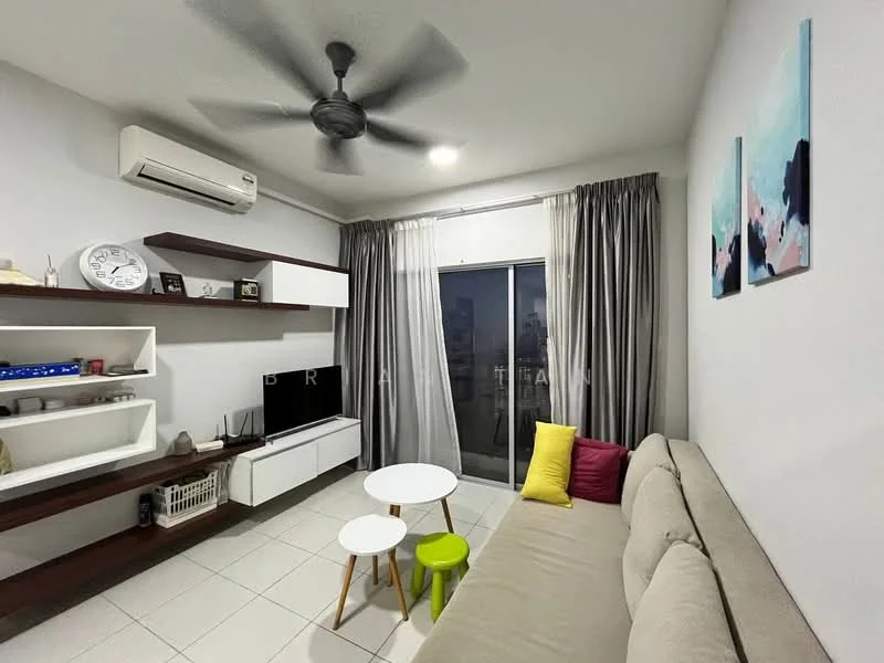 Living features: light grey fabric sofa, white coffee table, green accent stool, wall-mounted TV, white shelving unit, air conditioning unit, floor-to-ceiling windows, sheer curtains, grey curtains, decorative wall clock, framed artwork, tile flooring, ceiling fan with light; style: modern; view: city.