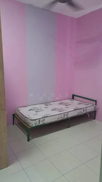 Bedroom features: pink painted walls, grey accent wall, single bed frame, mattress on bed frame, ceiling fan, tiled flooring.