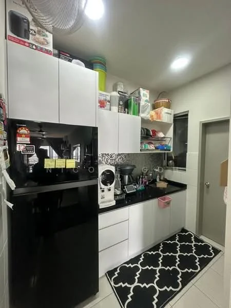 Kitchen features: black and white cabinetry, stainless-steel fridge, black countertop, ceramic tile flooring, wall-mounted shelves, kitchen appliances including a coffee machine, sink, window, decorative rug with geometric pattern, built-in oven, microwave, kettle; style: modern.