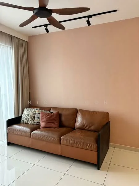 Living features: 3-seater leather sofa in brown, decorative cushions, white tiled flooring, pink painted walls, floor-to-ceiling windows with sheer curtains, ceiling fan with wooden blades, track lighting, wall-mounted light fixtures; style: modern.