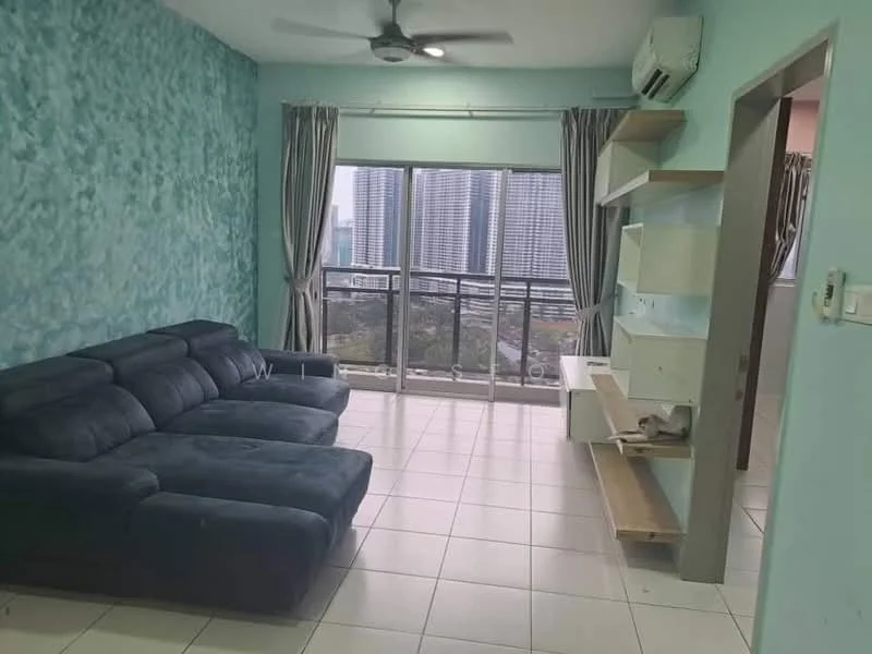 Living features: blue textured accent wall, white painted walls, white tiled flooring, 3-seater fabric sofa in navy blue, floor-to-ceiling windows, curtains in grey, ceiling fan, wall-mounted TV console, open shelving unit, view of city skyline; style: modern; view: city.