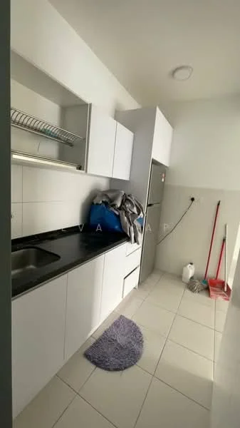 Kitchen features: white cabinetry, black granite countertop, single-bowl stainless-steel sink, chrome pull-down faucet, built-in fridge, ceramic tile flooring, wall-mounted shelving, white tiled backsplash, cleaning supplies visible, area rug, broom and mop; style: modern.
