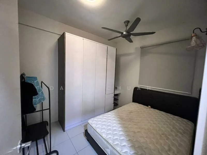 Bedroom features: queen-size bed, black upholstered headboard, white fitted sheet, white mattress, white wardrobe with sliding doors, ceiling fan, white walls, tile flooring, window with blinds, black bedside table; style: modern.