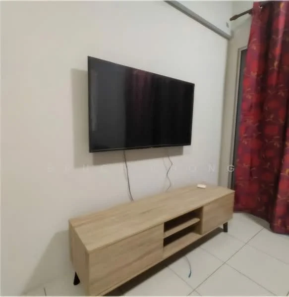 Room features: wall-mounted flat-screen TV, wooden TV console with open shelving, white painted walls, floor tiles, red patterned curtains, window with curtain treatment.