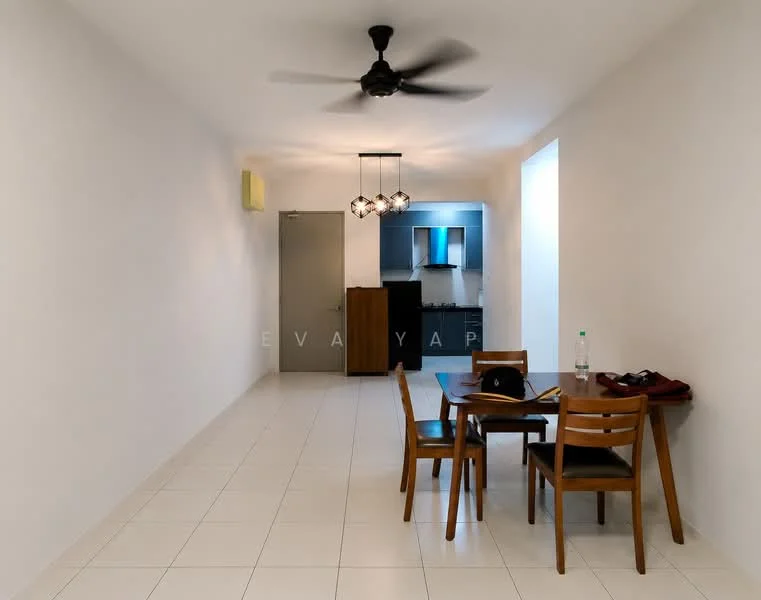 Dining features: white painted walls, tile flooring, 5-blade ceiling fan with light, dining table with 4 wooden chairs, window with natural light, door leading to kitchen, water bottle on table, backpack on chair; style: modern. Kitchen features: black cabinetry, stainless-steel sink, built-in oven, cooktop, countertop with backsplash, refrigerator, under-cabinet lighting; style: modern.