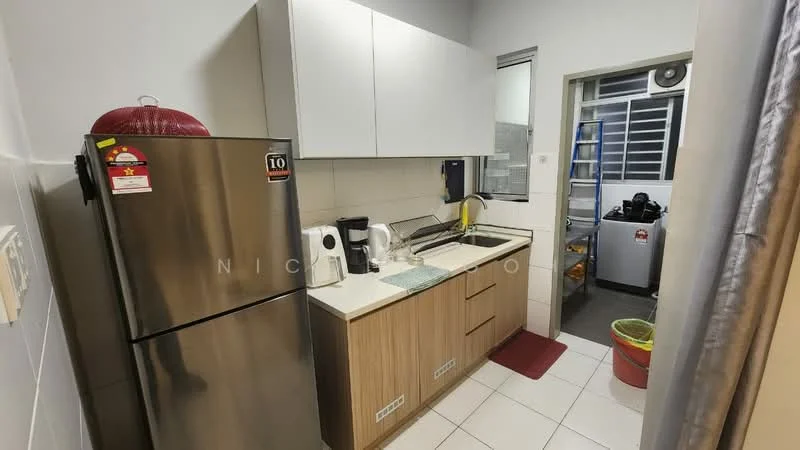 Kitchen features: stainless-steel fridge, single-bowl stainless-steel sink, chrome pull-down faucet, laminate countertop, wood cabinetry, white upper cabinets, tile backsplash, ceramic tile flooring, window with grill, kitchen appliances, kitchen utensils, open shelving; style: modern.
