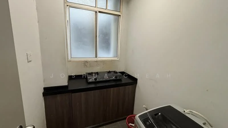 Laundry features: black granite countertop, wood cabinetry, single-basin sink, window with grid design, washing machine, grey tiled flooring, red plastic laundry basket.