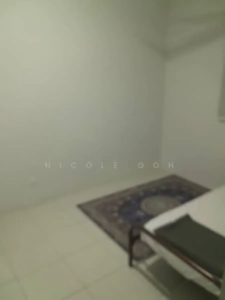 Room features: white painted walls, tile flooring, area rug with geometric pattern, single bed, bed frame, window with blinds.