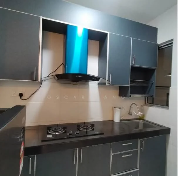 Kitchen features: dark grey cabinetry, black countertop, stainless-steel sink, chrome faucet, built-in gas hob with two burners, stainless-steel range hood, white tiled backsplash, window above sink; style: modern.