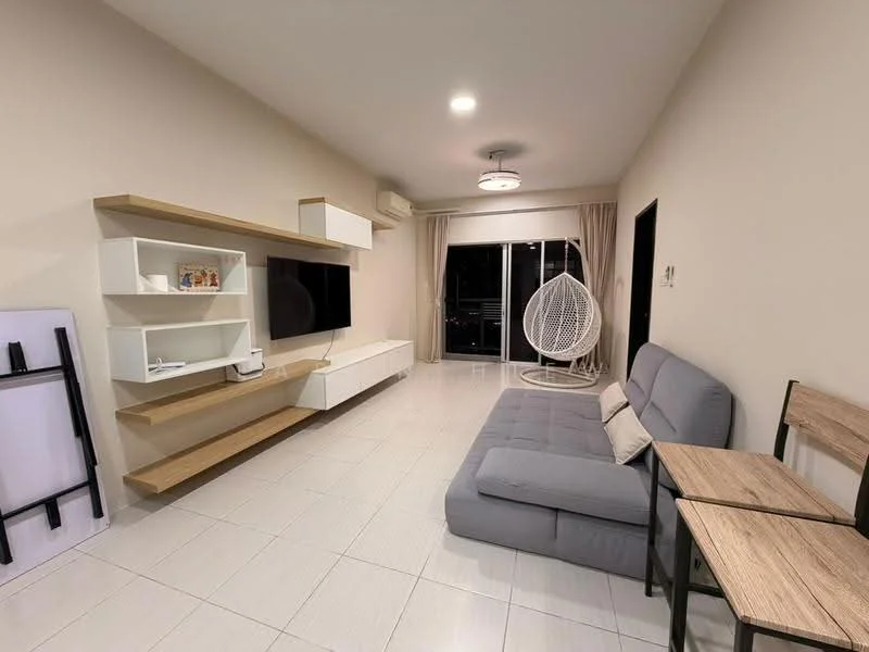 Living features: grey fabric sofa bed, white wall-mounted TV unit, flat-screen TV, hanging rattan chair, wooden side table, two wooden chairs, recessed ceiling lights, sliding glass door, floor-to-ceiling curtains, white tiled flooring, air conditioning unit; style: modern.