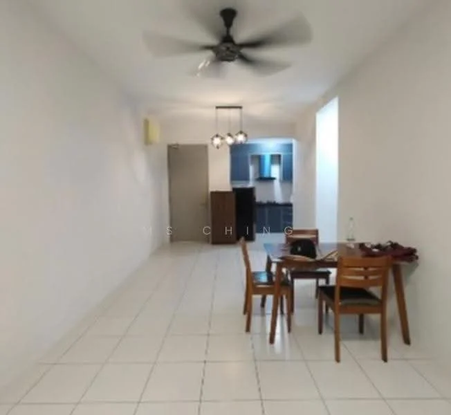 Dining features: white painted walls, white tiled flooring, 5-blade ceiling fan with light, dining table for four, wooden dining chairs, pendant lighting, open layout to kitchen, natural light from adjacent room; style: modern. Kitchen features: kitchen cabinetry, countertop, appliances visible in background; style: modern.