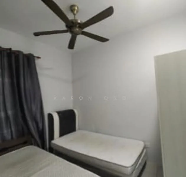Bedroom features: white painted walls, ceiling fan, dark curtains, single bed frame, mattress, wardrobe, light-colored flooring.