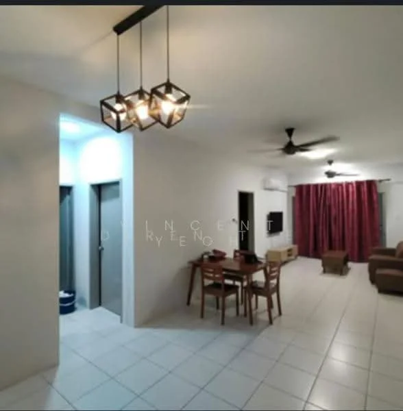 Living features: white painted walls, tile flooring, 5-blade ceiling fan, recessed downlights, sofa in brown fabric, wooden dining table with chairs, wall-mounted TV, red curtains, decorative pendant lights; style: modern. Room features: white painted walls, tile flooring, door leading to bathroom, door leading to unknown room.