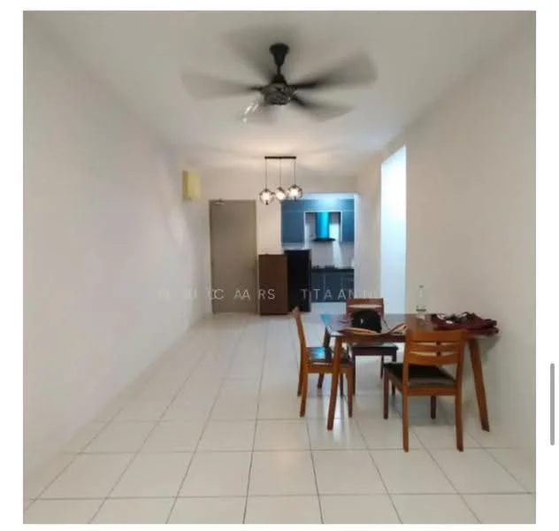 Dining features: white painted walls, white tiled flooring, 5-blade ceiling fan with light, dining table with 4 wooden chairs, pendant lighting above dining table, open layout, window with natural light, doorway leading to kitchen, kitchen cabinetry visible in background; style: modern.