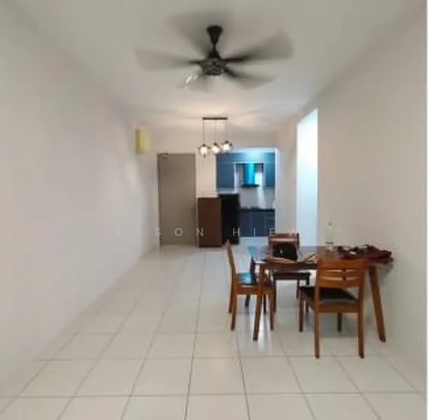 Dining features: white painted walls, ceramic tile flooring, 5-blade ceiling fan with light, dining table with four wooden chairs, open layout to kitchen, window with natural light, light fixture with three bulbs; style: modern. Kitchen features: kitchen cabinetry, countertop, kitchen appliances visible, sink, window above sink; style: modern.
