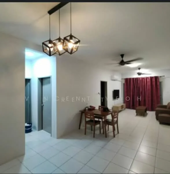 Living features: white painted walls, tile flooring, 5-blade ceiling fan, recessed downlights, sofa in brown, wooden dining table with chairs, wall-mounted TV, curtains in red, decorative pendant lights; style: modern. Room features: door leading to unknown room, door leading to bathroom, light blue wall, tile flooring.