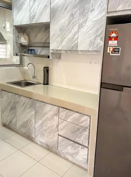 Kitchen features: grey marble-patterned cabinetry, light-colored countertop, single-bowl stainless-steel sink, chrome pull-down faucet, built-in refrigerator with stainless-steel finish, open shelving, tile flooring, wall-mounted dish rack; style: modern.