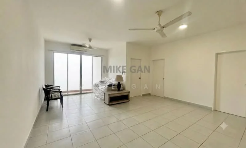 Living features: white painted walls, tile flooring, 5-blade ceiling fan, floor-to-ceiling windows, sliding glass door, curtains, light-colored sofa, wooden chair, lamp, neutral decor; style: modern; view: city.