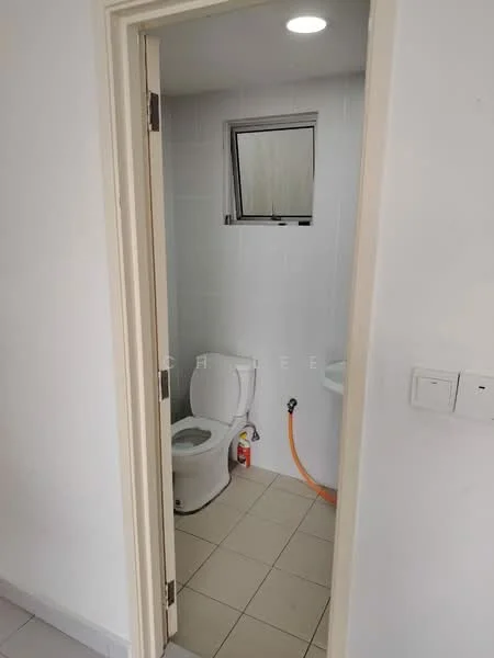 Bathroom features: white tiled walls, light grey tiled flooring, one-piece toilet, small window, sink with faucet, orange plumbing pipe, light fixture in ceiling; style: modern.
