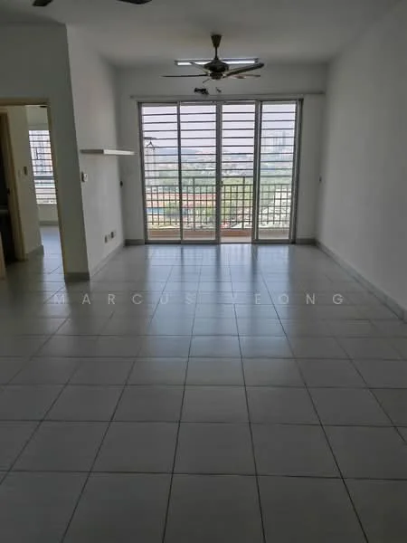 Living features: white painted walls, ceramic tile flooring, 5-blade ceiling fan, floor-to-ceiling windows, sliding glass door, balcony access, neutral color scheme, open layout; style: modern; view: city.