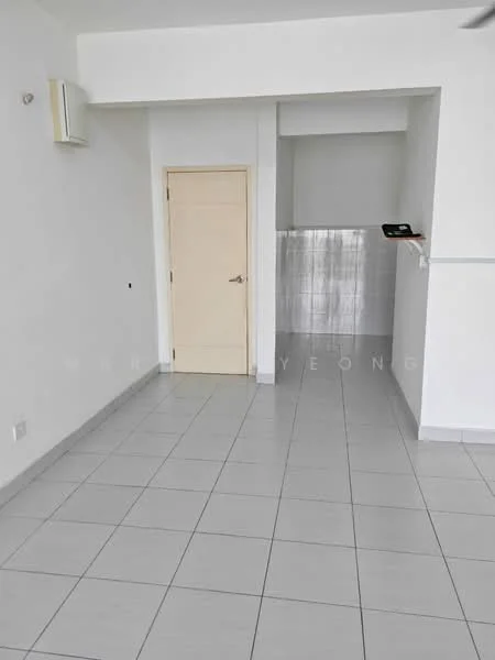 Room features: white painted walls, grey tiled flooring, single wooden door, wall-mounted air conditioning unit, recessed lighting, kitchenette area with tiled backsplash, open layout, no visible furniture; style: modern.
