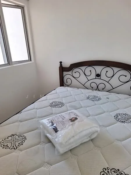 Bedroom features: queen-size bed, wooden bed frame with decorative headboard, white mattress, white bedding, large window with natural light, plain white walls, light-colored flooring; style: minimalist.