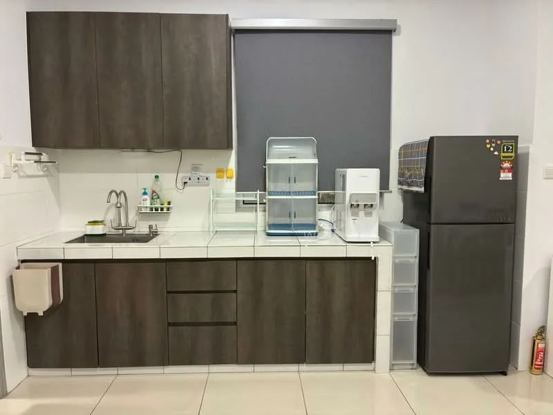 Kitchen features: dark wood cabinetry, white tiled backsplash, white countertop, single-bowl stainless-steel sink, chrome pull-down faucet, built-in water dispenser, stainless-steel fridge, freestanding water cooler, under-sink storage, tile flooring, grey roller blinds; style: modern.