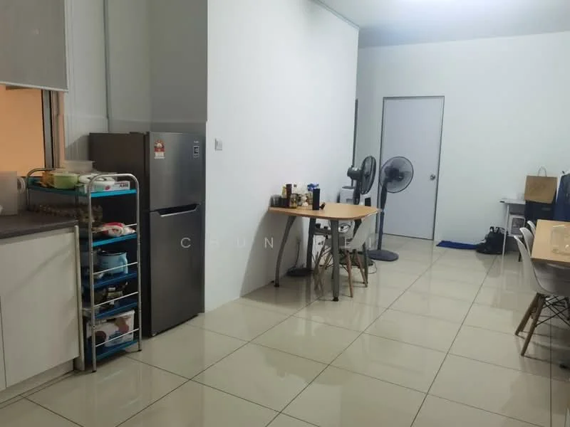 Kitchen features: white painted walls, glossy tile flooring, stainless-steel fridge, kitchen countertop, kitchen cabinets, open shelving, table with chairs, ceiling fan; style: modern. Dining features: table with chairs; style: modern.