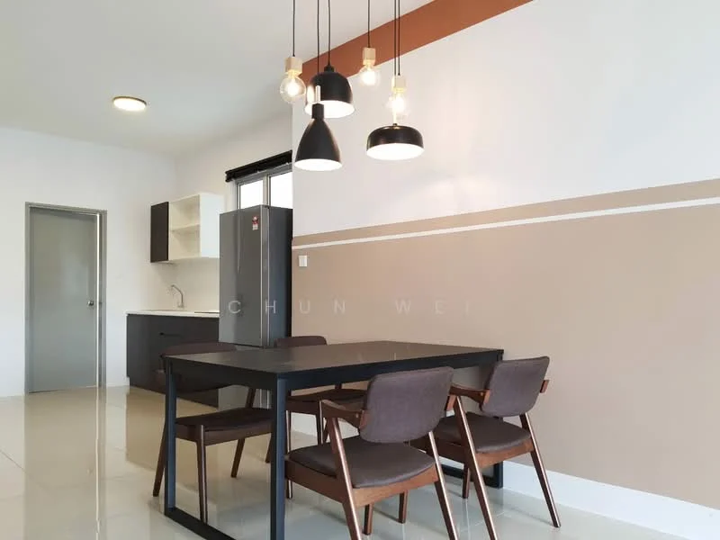 Dining features: black dining table, 4 wooden dining chairs with fabric upholstery, pendant lighting with multiple bulbs, white painted walls, brown accent wall, grey tiled flooring, refrigerator, kitchen cabinetry, window with natural light; style: modern. Kitchen features: black cabinetry, stainless-steel refrigerator, grey countertop, open layout to dining area; style: modern.