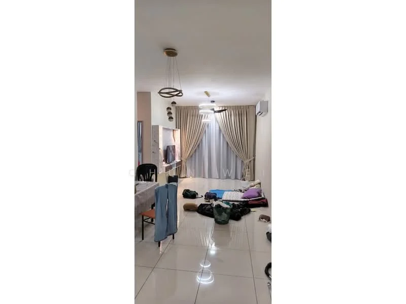 Living features: white painted walls, glossy tile flooring, recessed downlights, hanging pendant light, floor-to-ceiling windows, sheer curtains, air conditioning unit, seating area with cushions, dining table, decorative wall, area rug, clothes and items on the floor; style: modern.