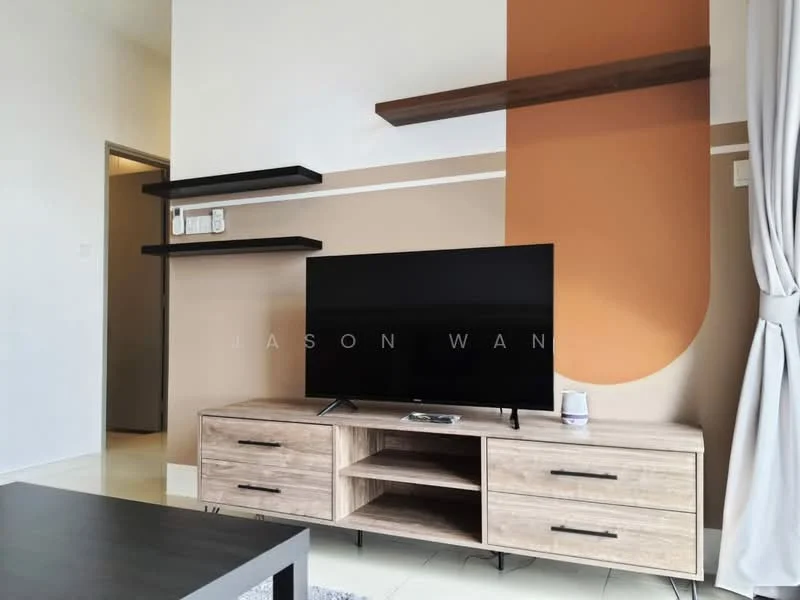 Living features: wooden TV console with drawers, black flat-screen TV, shelves mounted on wall, beige painted walls, orange accent wall, curtains, light-colored flooring, decorative wall design; style: modern.