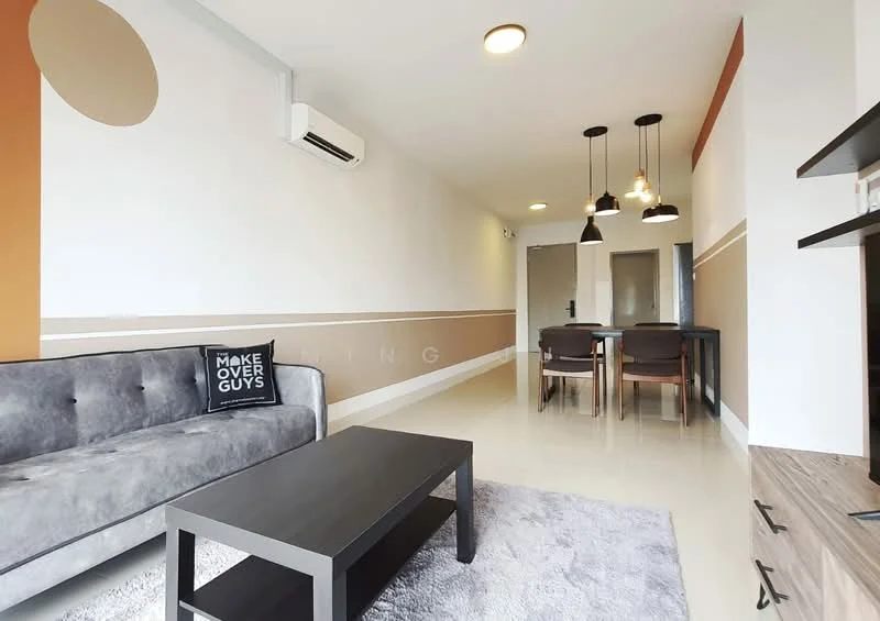 Living features: grey fabric sofa, black coffee table, area rug, 2 dining chairs, pendant lighting, wall-mounted air conditioning unit, wooden console, painted accent wall in orange, white walls, recessed ceiling lights, floor-to-ceiling windows, laminate flooring; style: modern.