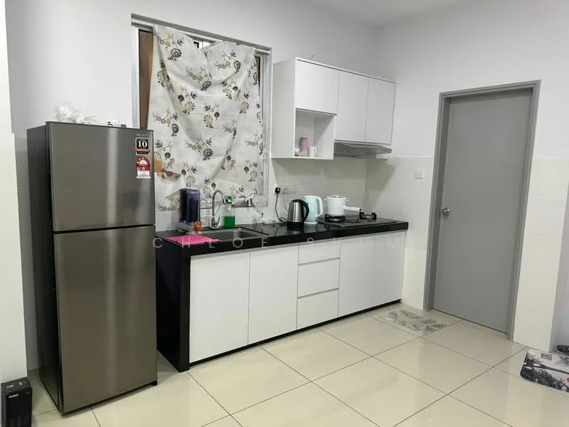 Kitchen features: stainless-steel fridge, black countertop, white cabinetry, built-in gas stove, kettle, sink, window with floral curtain, tile flooring, wall-mounted cabinet, grey door; style: modern.