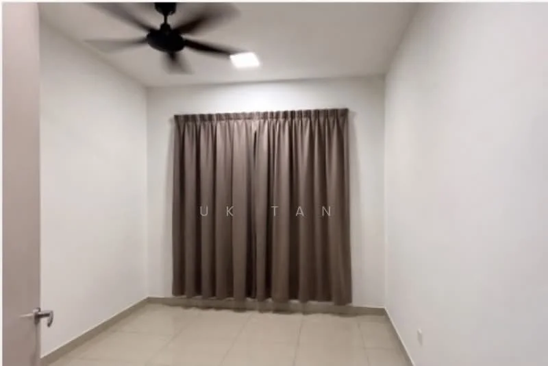 Room features: white painted walls, ceiling fan, brown curtains, tile flooring, recessed ceiling light.