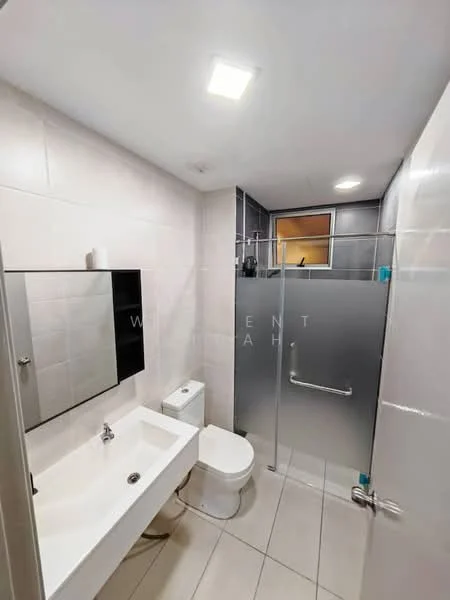 Bathroom features: white ceramic sink with modern faucet, one-piece toilet, walk-in shower with glass enclosure, chrome shower head, grey tile flooring, white tiled walls, mirror with frame, built-in shelving, recessed ceiling lights; style: modern.