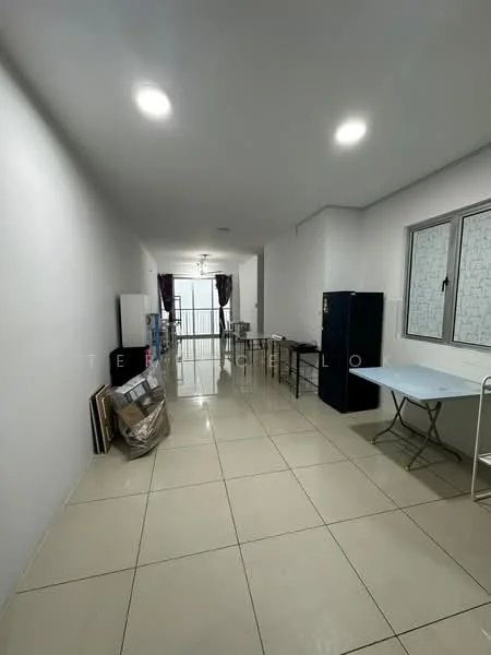 Room features: white painted walls, glossy tile flooring, recessed LED downlights, large window with grid pattern, dark curtains, metal shelving unit, foldable table, black refrigerator, stacked boxes, open layout; style: modern.