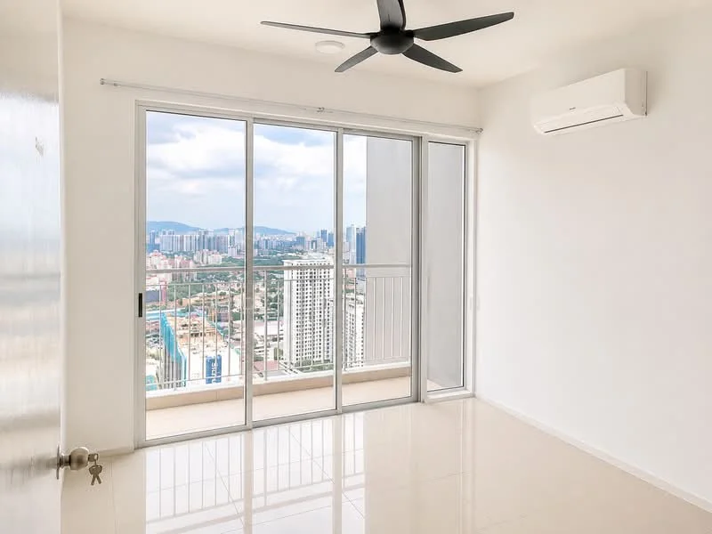 Room features: floor-to-ceiling sliding glass door, white painted walls, glossy tile flooring, 5-blade ceiling fan, wall-mounted split AC, city skyline view; style: modern; view: city.