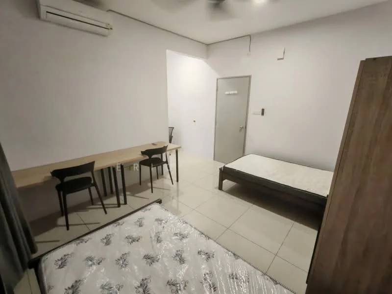 Room features: white painted walls, tile flooring, 2 single beds with mattresses, wooden bed frame, desk with 2 black chairs, wall-mounted split AC, door with security lock, light ceiling fan, window with curtain, power outlet, light switch; style: modern.
