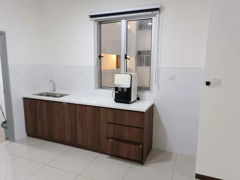 Kitchen features: single-bowl stainless-steel sink, chrome pull-down faucet, white quartz countertop, wood cabinetry with brown finish, three drawers, two cabinet doors, white tiled backsplash, ceramic tile flooring, window with white frame, built-in coffee machine; style: modern.