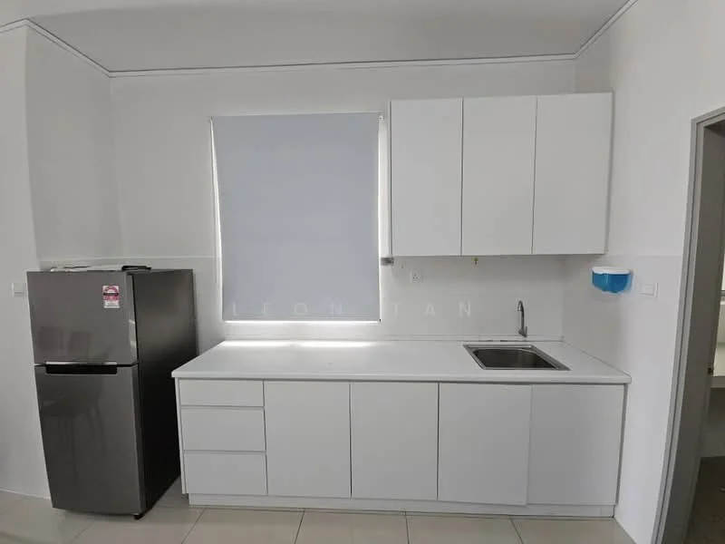 Kitchen features: white cabinetry, stainless-steel sink, chrome faucet, grey fridge, white countertop, tile flooring, roller blinds, wall-mounted storage, built-in cabinets; style: modern.