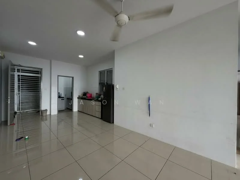 Room features: white painted walls, glossy tile flooring, ceiling fan, recessed lighting, kitchen cabinetry, black refrigerator, open layout, large windows, utility area, no visible furniture; style: modern.