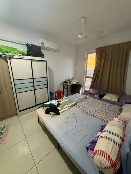 Bedroom features: queen-size bed with bedding, 2-seater fabric sofa, wooden wardrobe with sliding doors, small side table, floor-to-ceiling window, curtains, air conditioning unit, ceiling fan, tiled flooring, decorative rug.