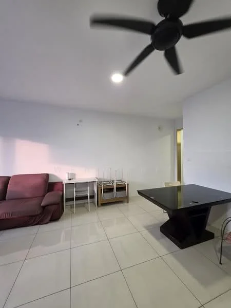 Living features: 3-seater fabric sofa in maroon, glass dining table, 4 dining chairs, white painted walls, glossy floor tiles, ceiling fan, recessed ceiling light; style: modern.