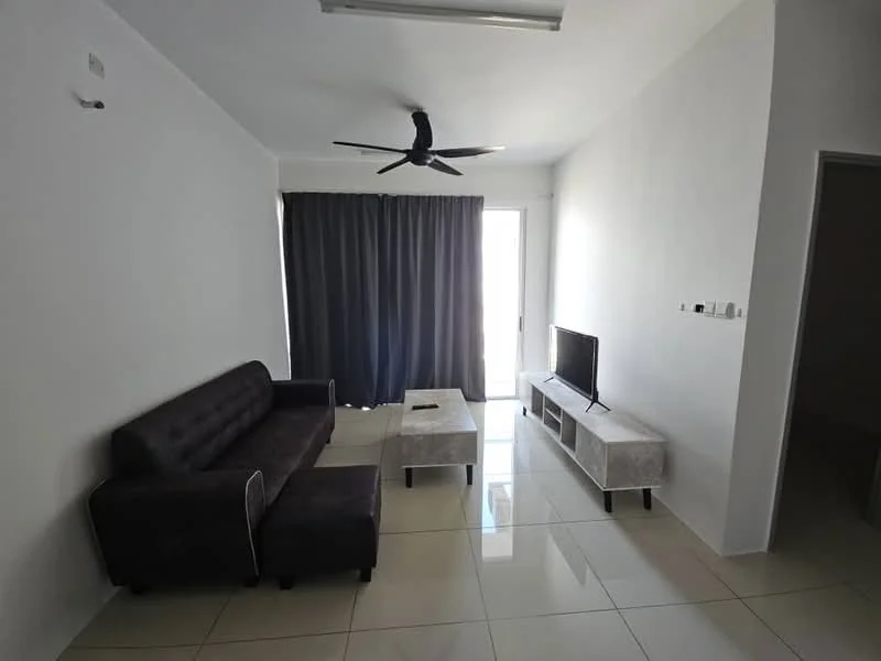 Living features: 3-seater fabric sofa in dark grey, coffee table with white surface, wall-mounted TV, floor-to-ceiling windows, blackout curtains, ceiling fan, white painted walls, glossy tile flooring, light from windows, minimalist decor; style: modern.